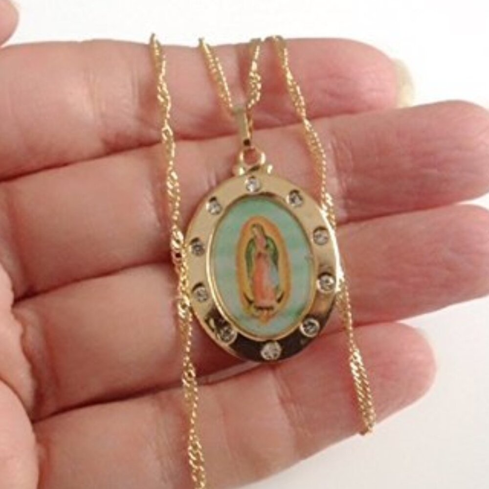 La Virgen de Guadalupe Medal Necklace 17.2 Inches Spiral Chain